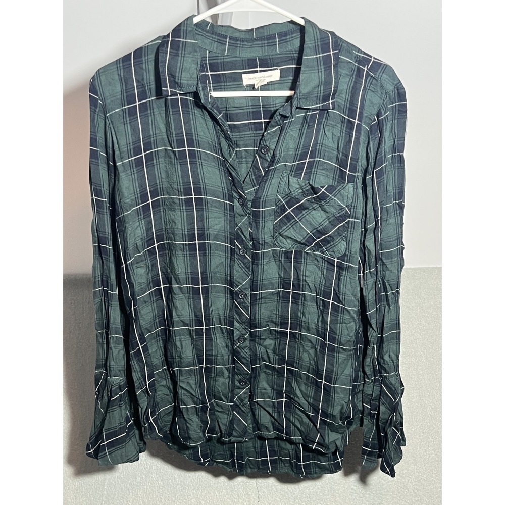 beachlunchlounge Women's S/P Green Blue Plaid Rayon‎ Long Sleeve Button-Up Shirt